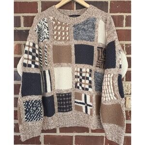 Alexander Julian Sweater Mens Medium Multicolor Patchwork Chunky Knit Crew Neck